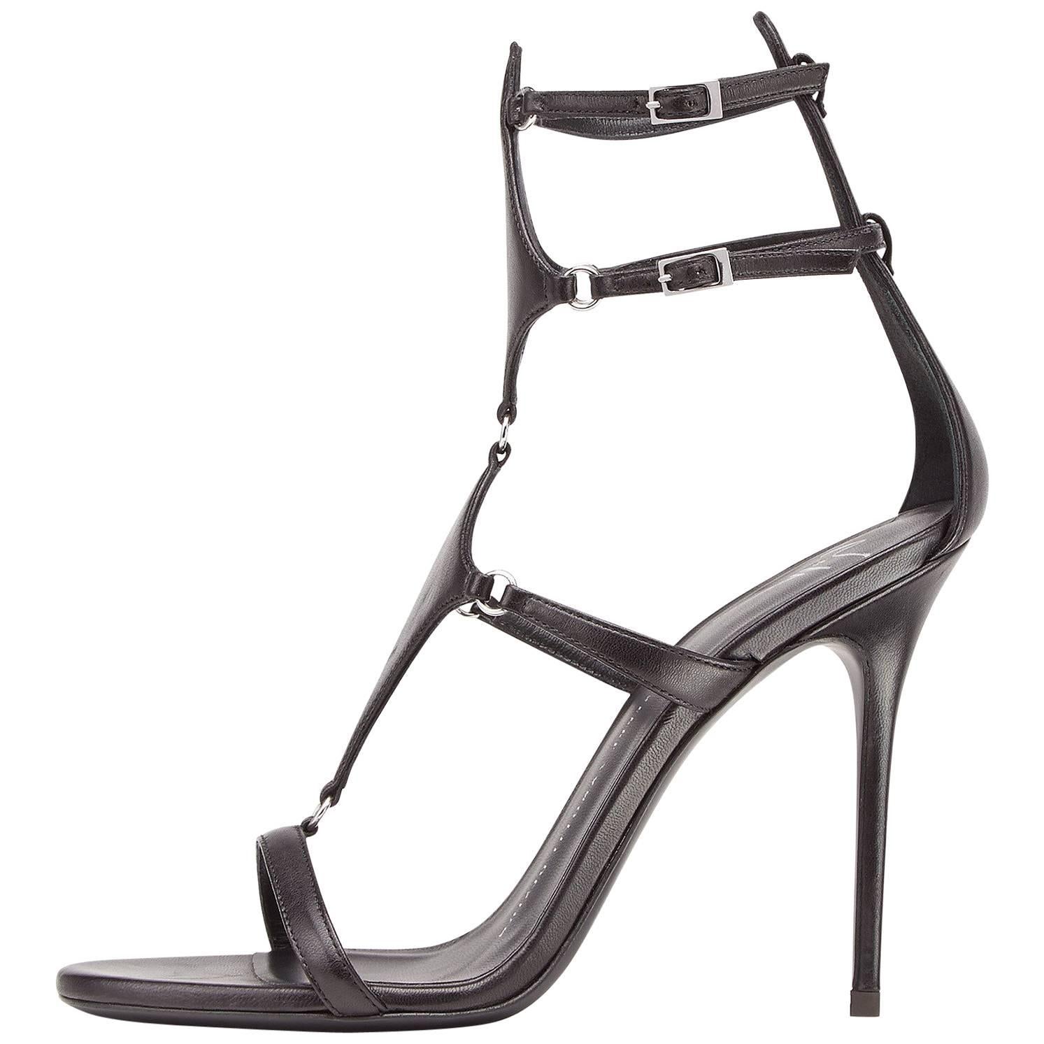 Giuseppe Zanotti New Black Leather Cut Out Strappy Evening Sandals Heels in Box