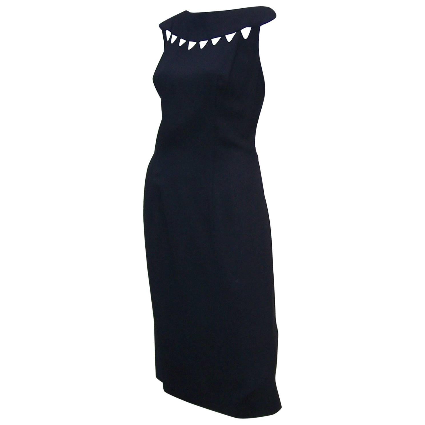 1960's Lilli Diamond Black Linen Wiggle Dress With Cut Outs