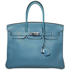 Hermes Blue Jean Clemence Leather 35cm Birkin Bag Phw