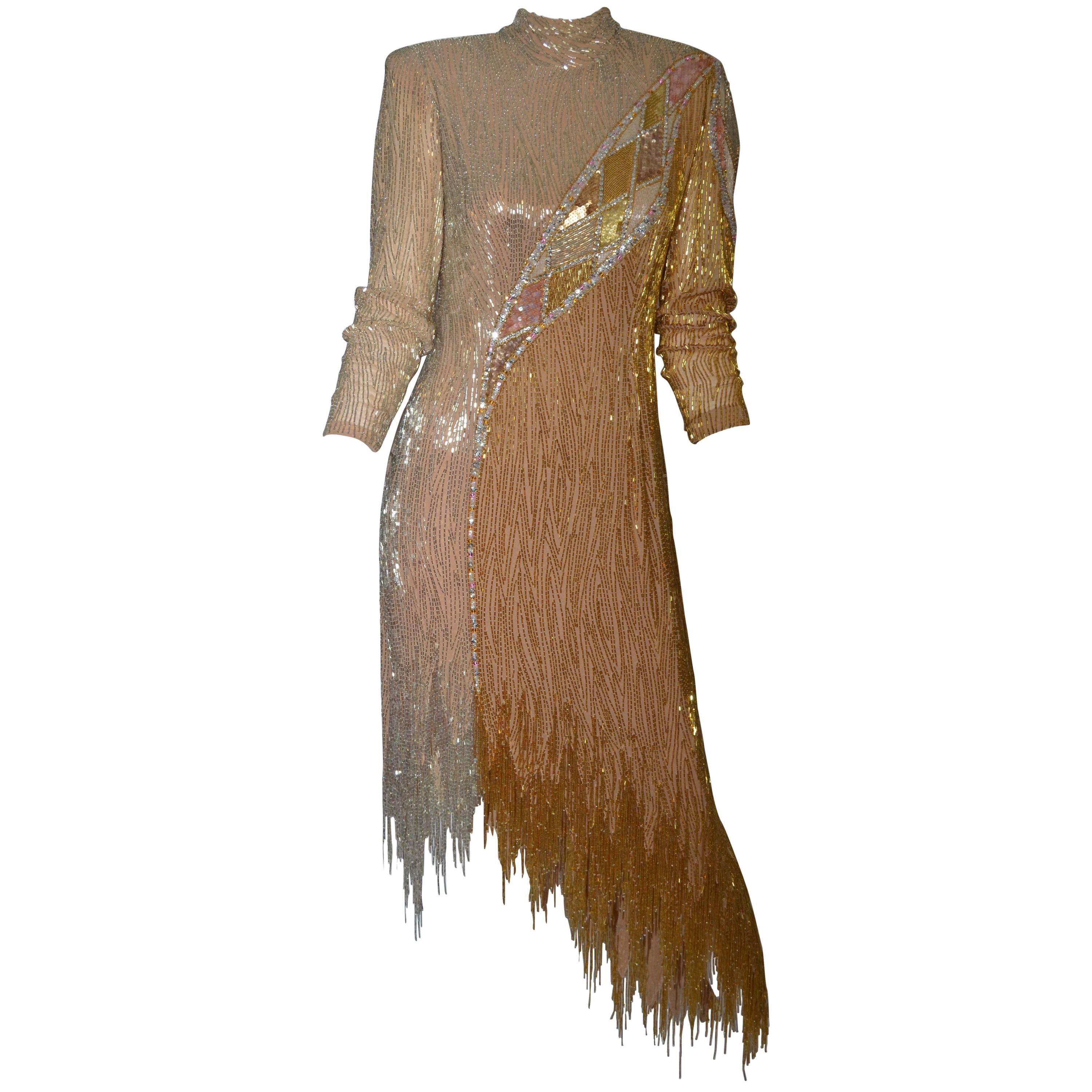 Bob Mackie 1980's Gold Fringe Beaded Dress