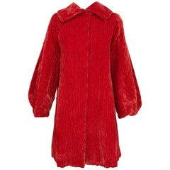 1940s Orange Red Crushed Velvet Coat with Dramatic Sleeves