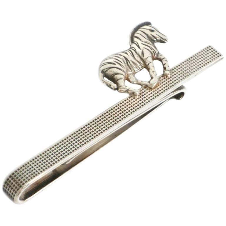 Hermes Vintage Men's Silver Africa Zebra Suit Tie Clip in Storage Case