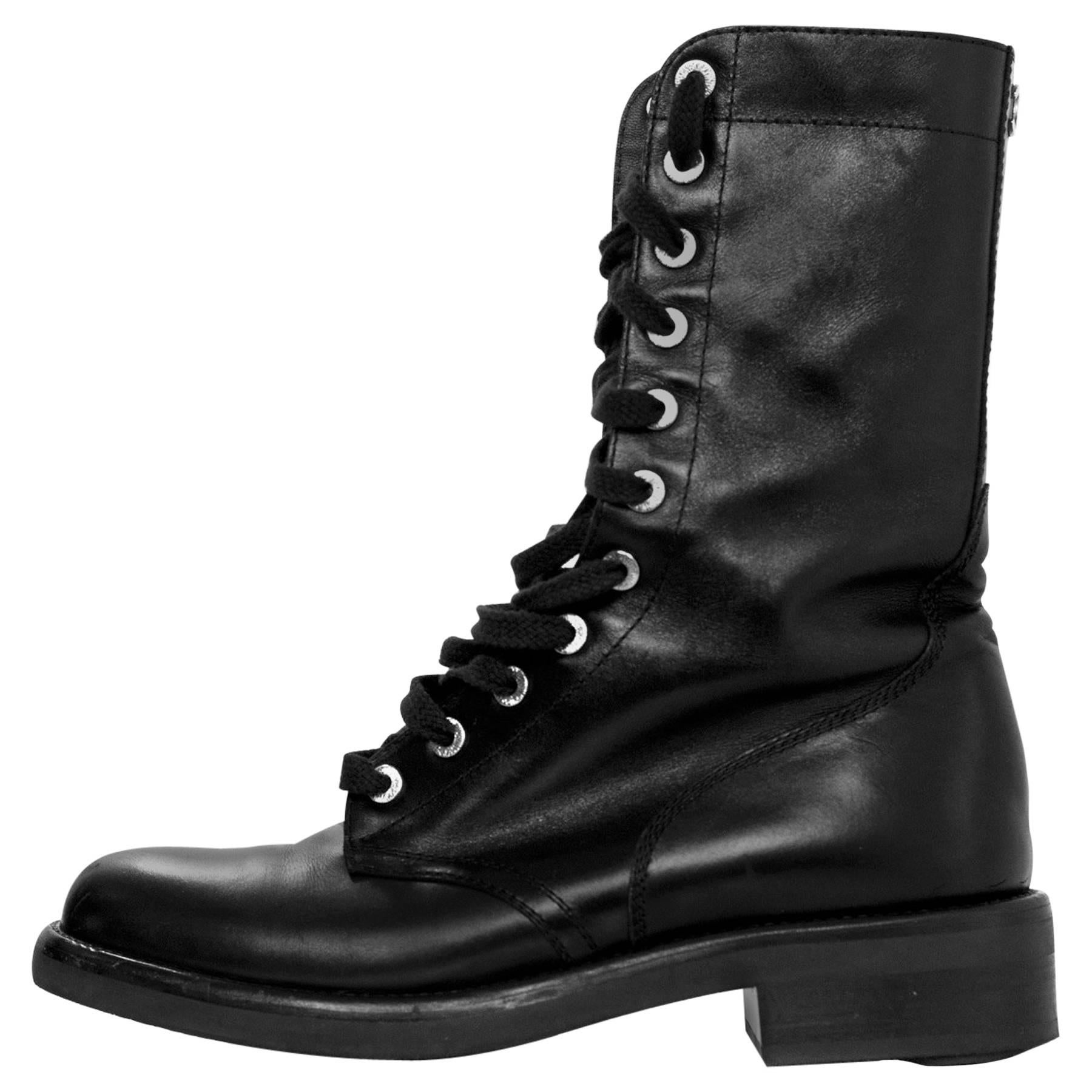 Chanel Paris Edinburgh Black Leather Lace Up Combat Boots Sz 40
