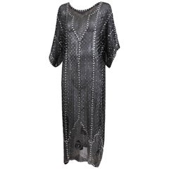 Vintage Black Silk Sheer Dress Caftan w/Beading & Appliques