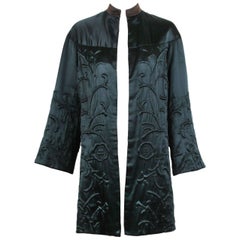 1970's Museum Quality Black Satin Trapunto Stitched Open Front Jacket