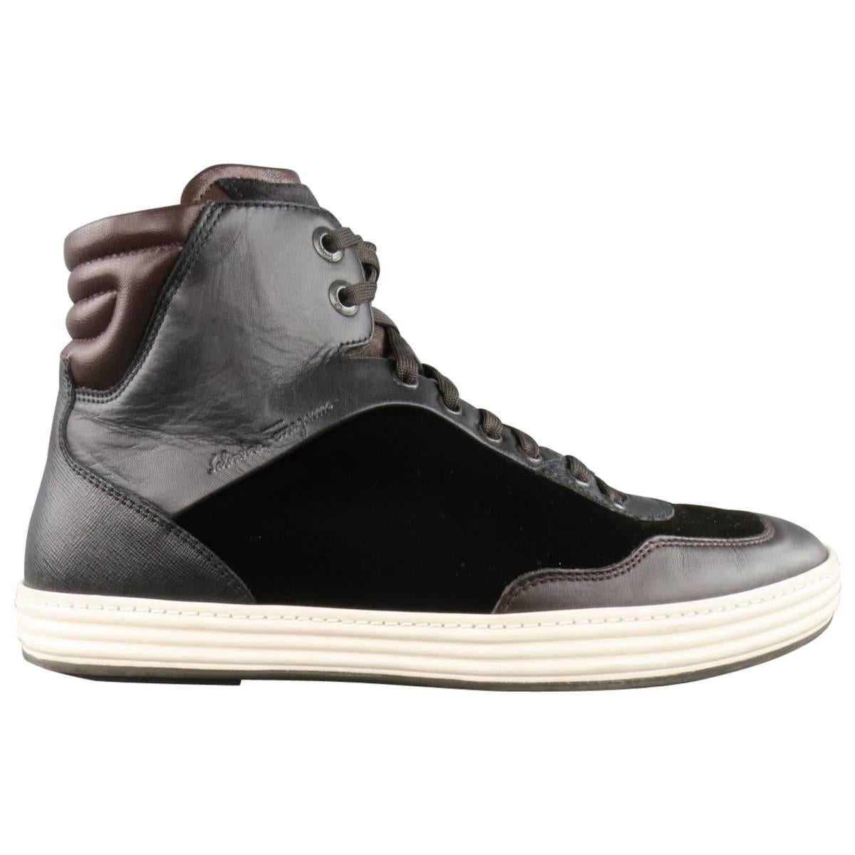 Men's SALVATORE FERRAGAMO Size 9.5 Brown Mixed Materials Velvet Sneakers