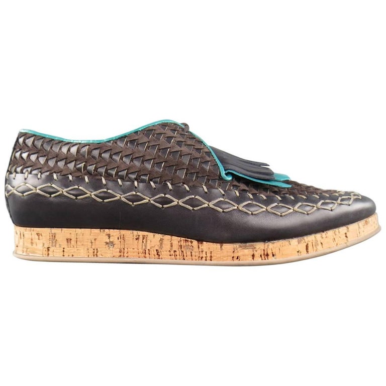 Men's BURBERRY PRORSUM Size 10 Brown and Teal Woven Leather Fringe Cork  Sole Shoe For Sale at 1stDibs