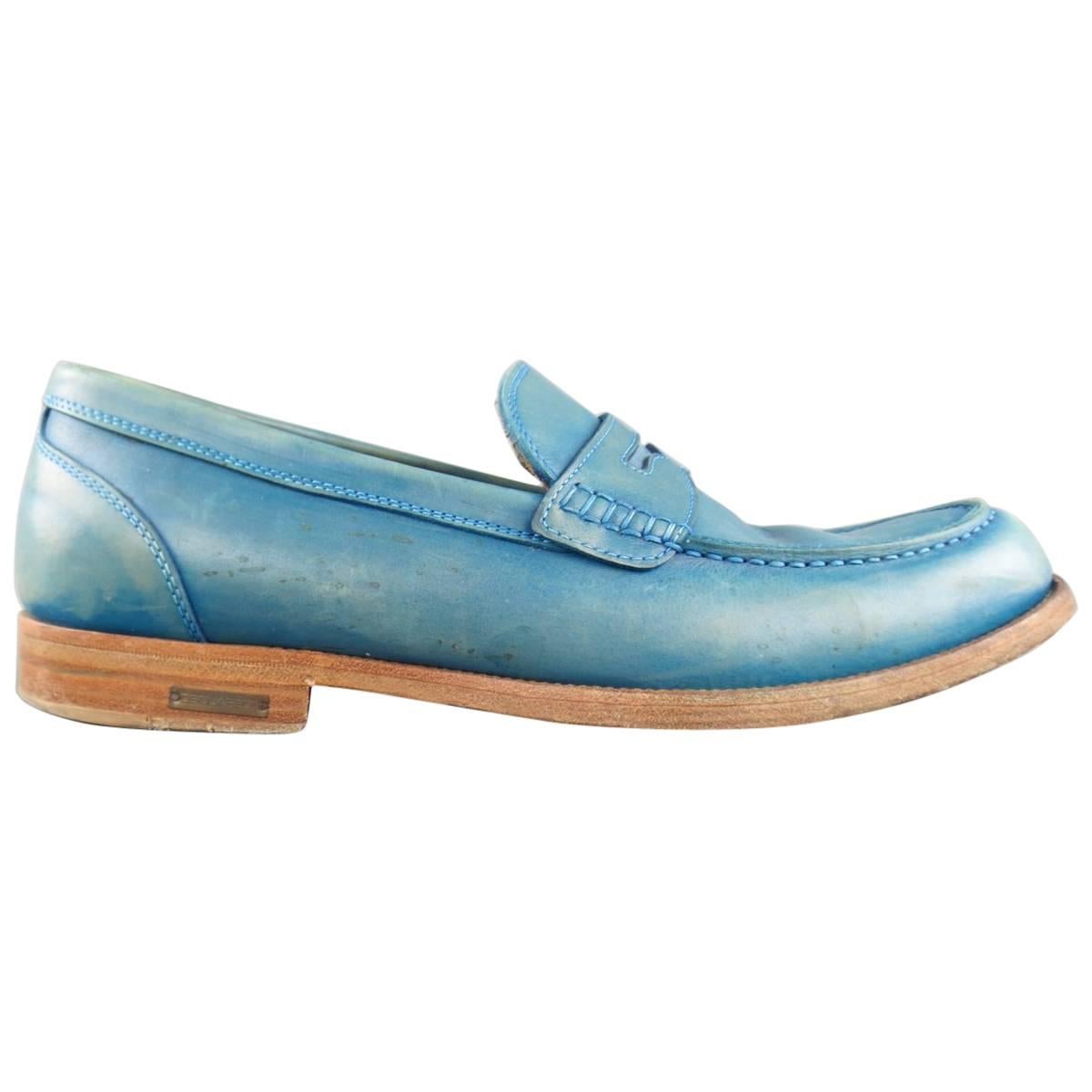 Men's DSQUARED2 Size 9.5 Teal Blue Distressed Leather Penny Loafers