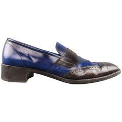 Men's PRADA Size 11 Blue & Brown Two Tone Leather Penny Loafers