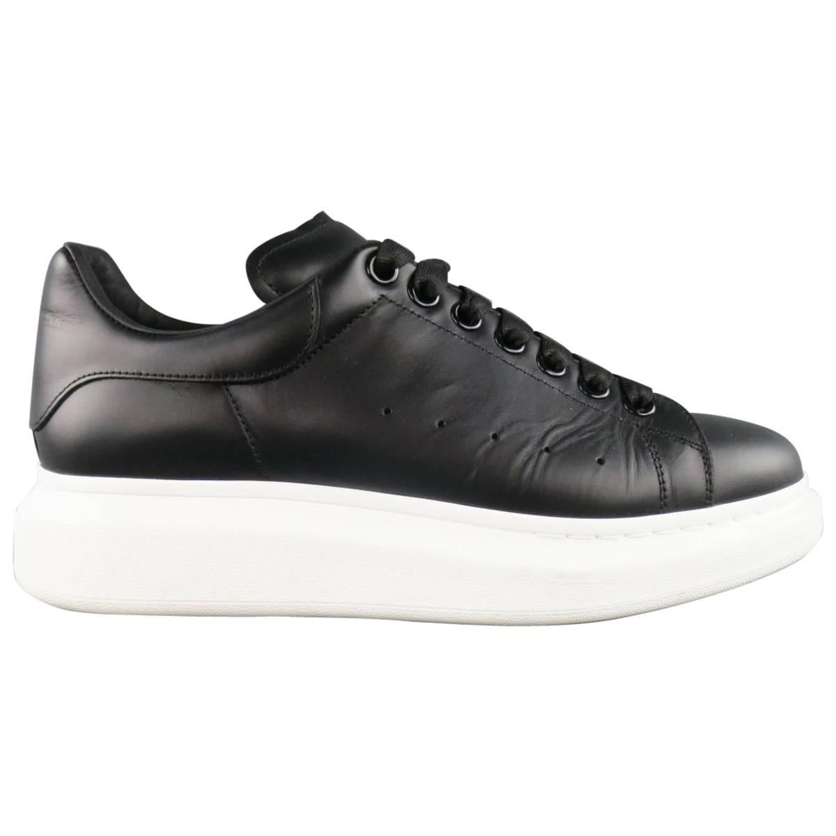 ALEXANDER MCQUEEN 9 Black Leather Thick White Platform Sole Lace Up Sneakers