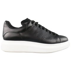 Used ALEXANDER MCQUEEN 9 Black Leather Thick White Platform Sole Lace Up Sneakers