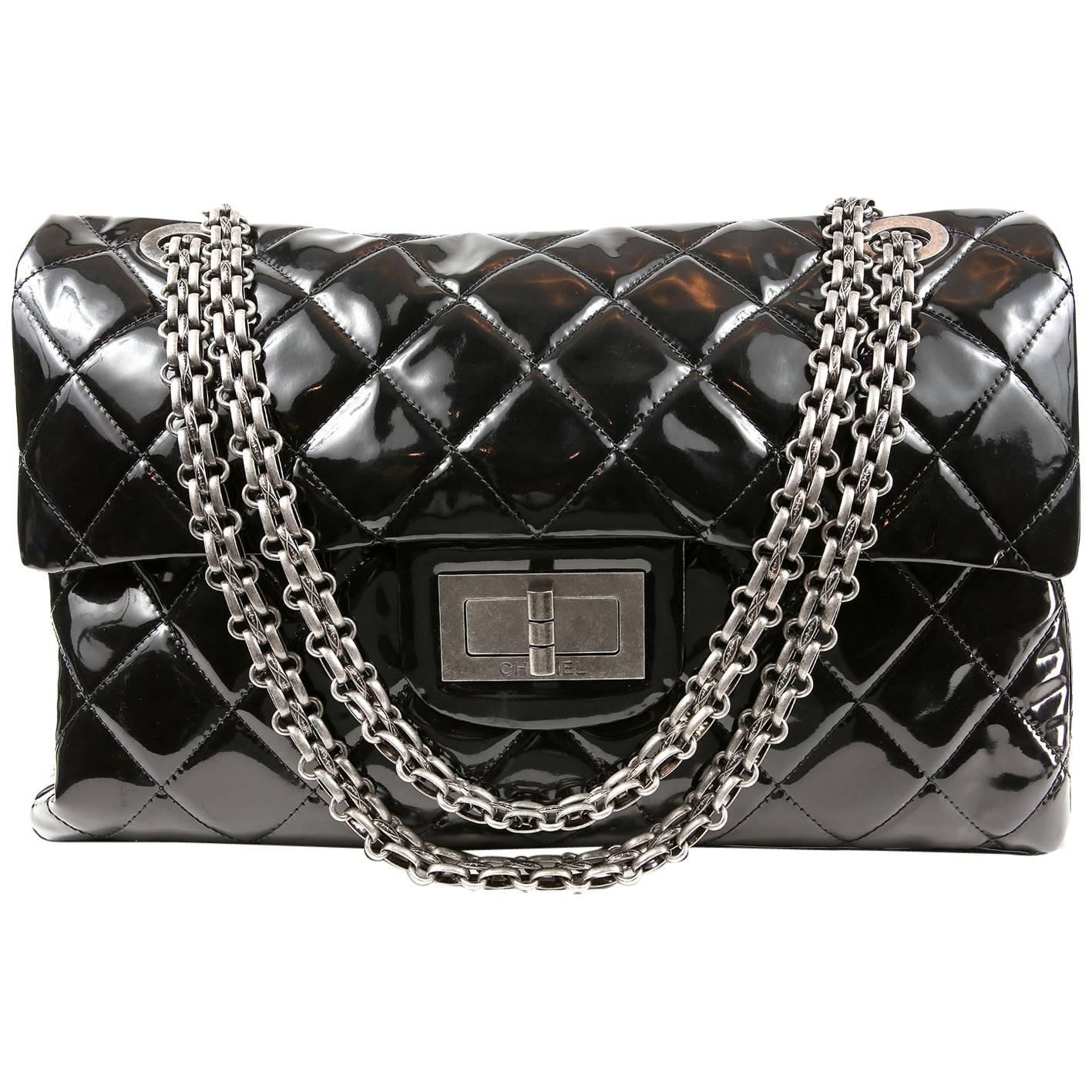 Chanel Black Patent Leather XXL Reissue Bag For Sale
