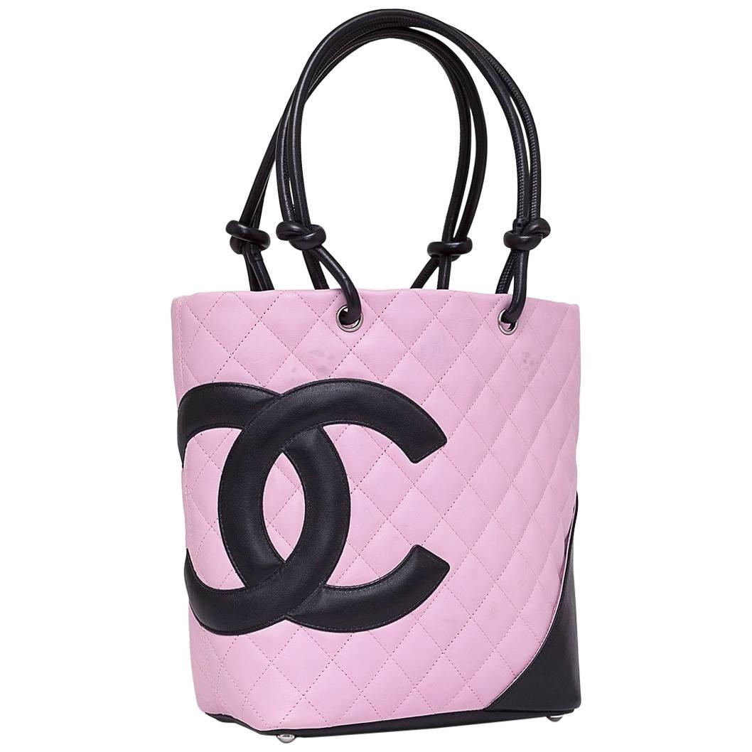 Vintage Chanel Cambon Ligne Tote Bag in Pink and Black CC Logo Small Size