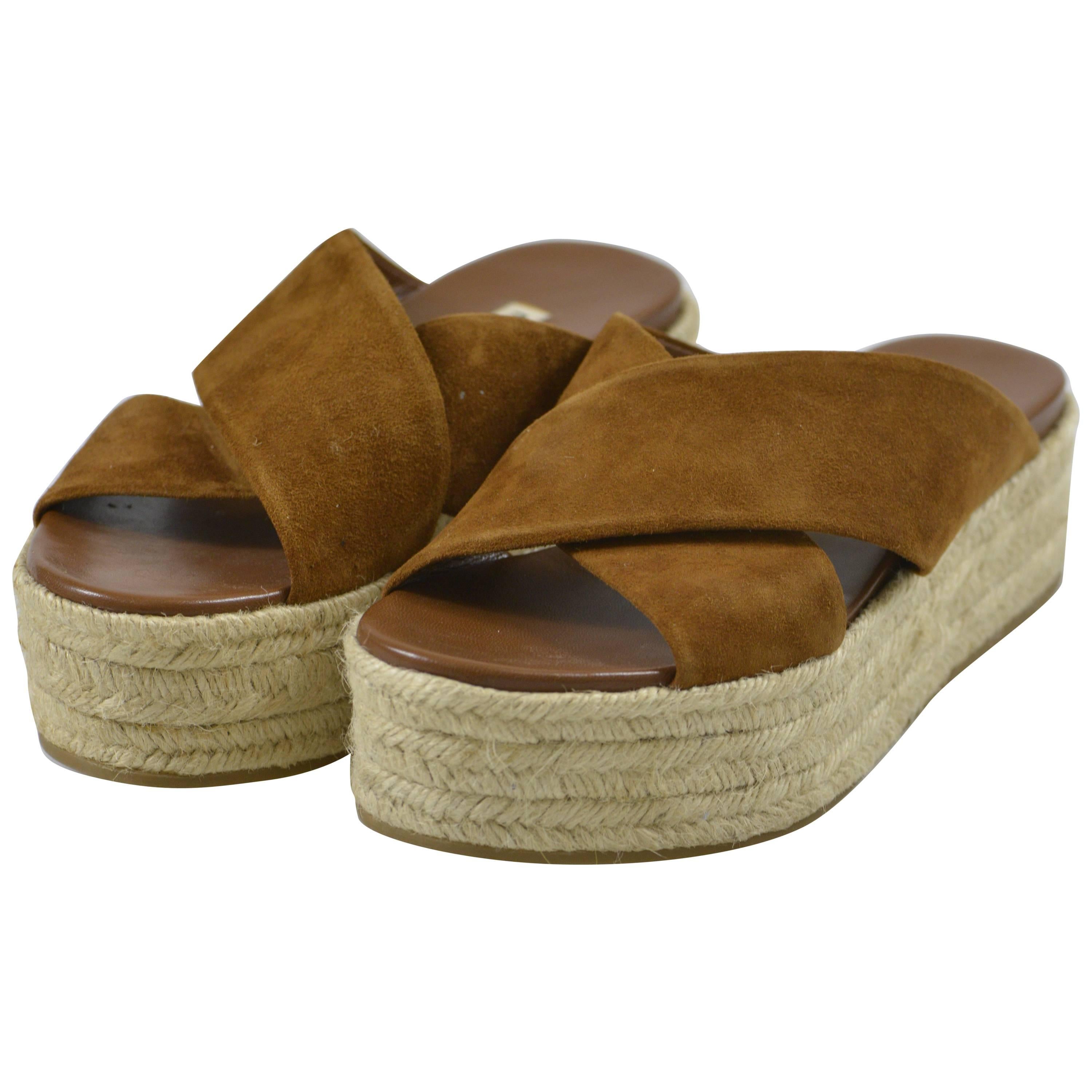 MIU MIU PRADA Brown Suede Leather Espadrille Platform Sandals Mules