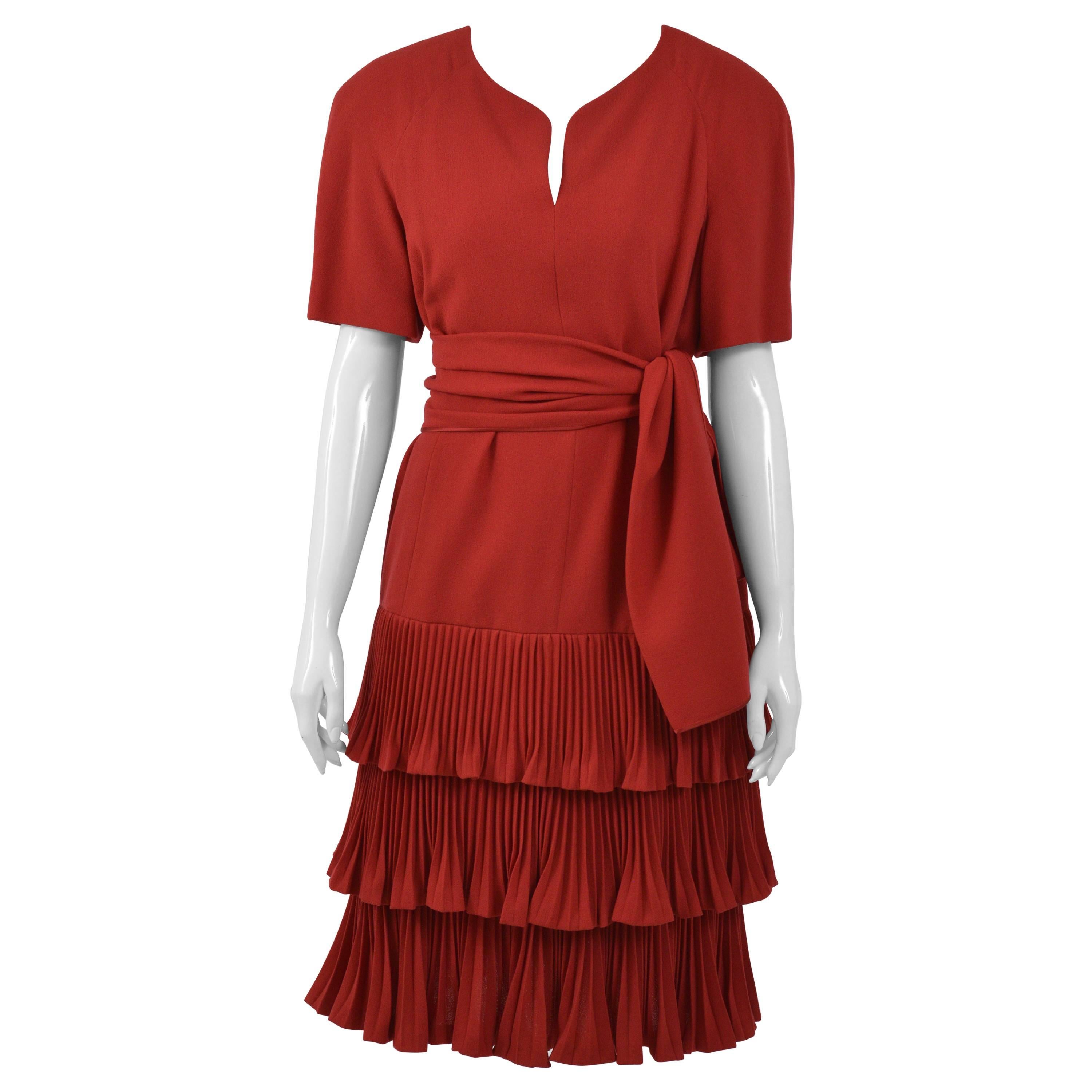 1990s VALENTINO COUTURE Red Pleateds Cocktail Dress For Sale