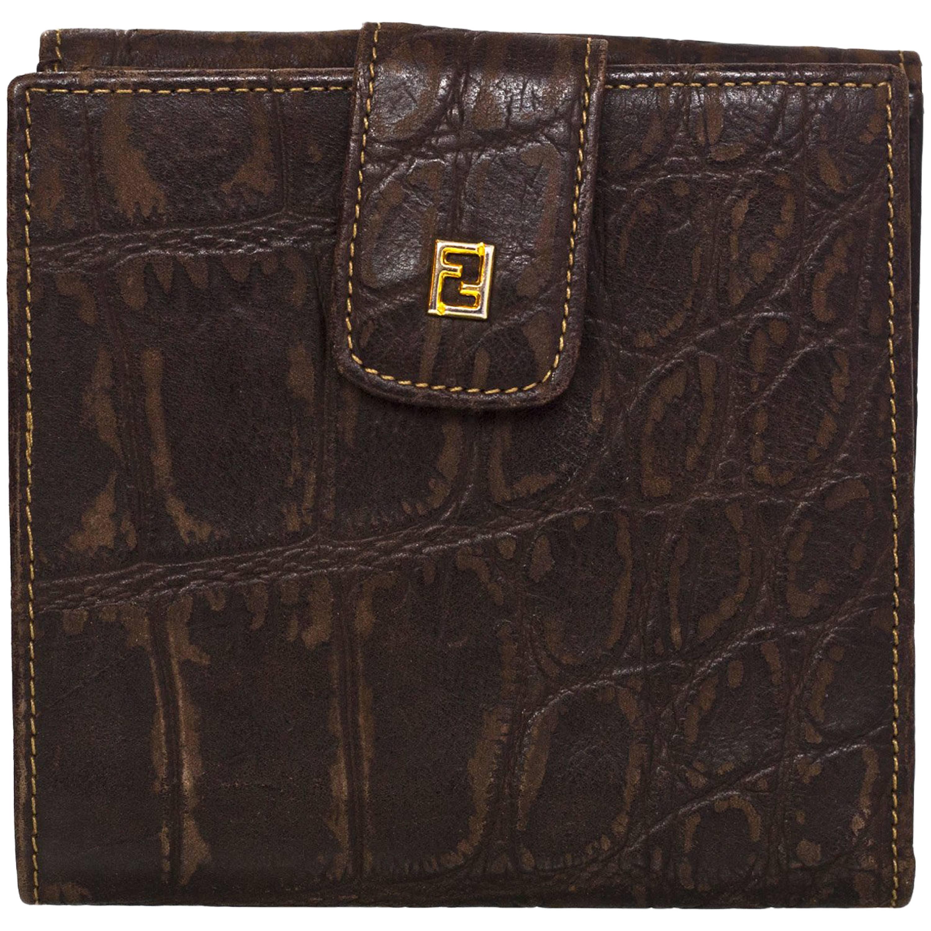 Fendi Vintage Brown Croc Embossed Distressed Leather Wallet