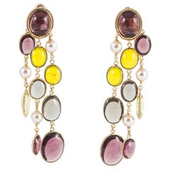 'WW' poured glass/gilt 3 strand 'Harlequin'  drop earrings.