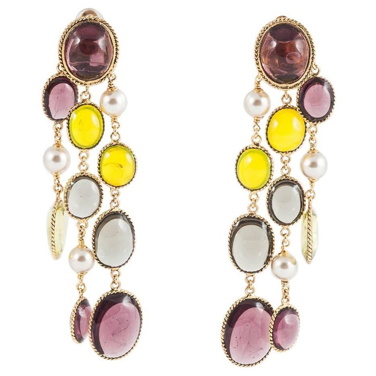 'WW' poured glass/gilt 3 strand 'Harlequin' drop earrings. at 1stDibs