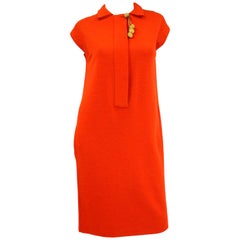 1970s Geoffrey Beene Red Knit Shirt Dress With Gold Pendulum Accents 7