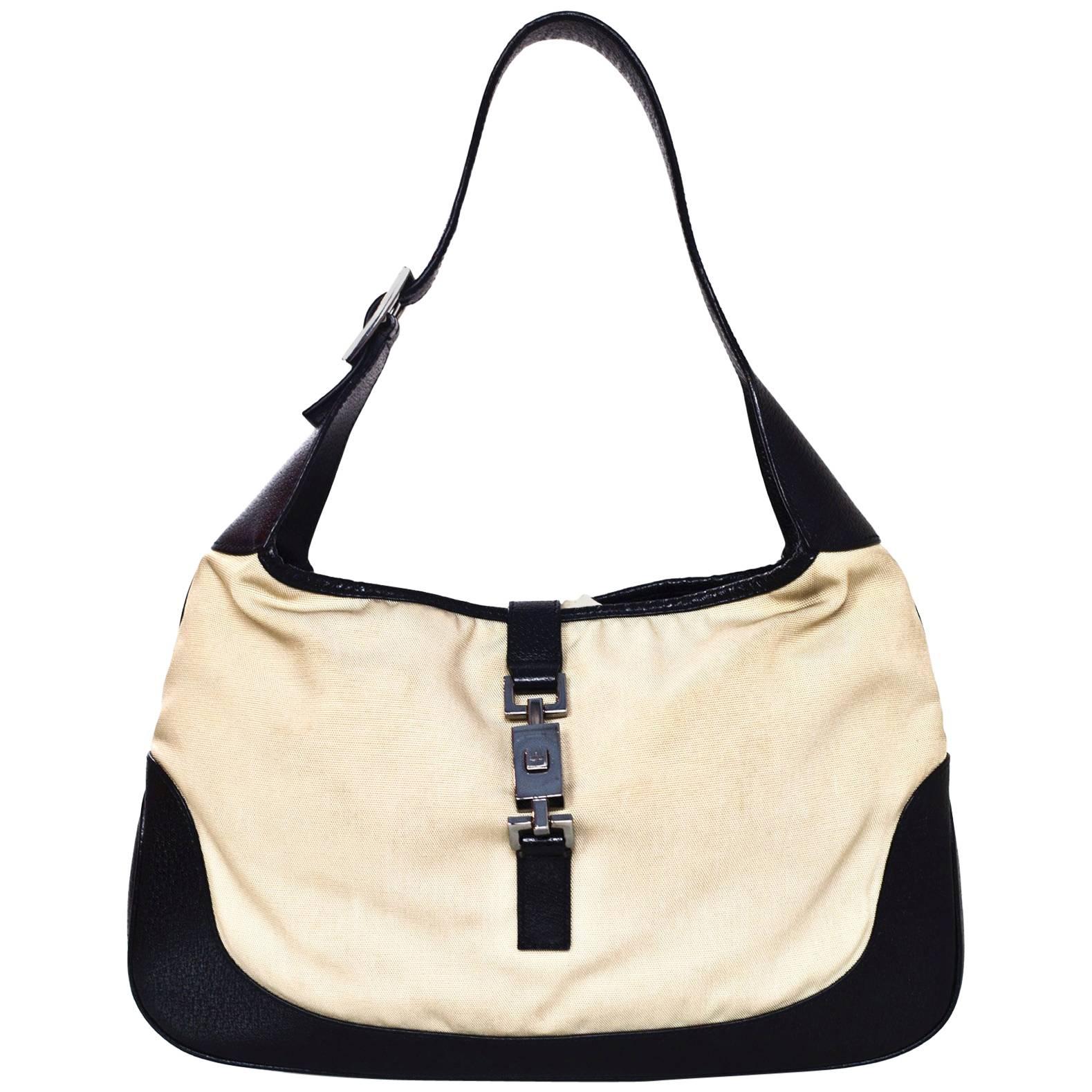 Gucci Black Leather and Beige Canvas Jackie-O Bag