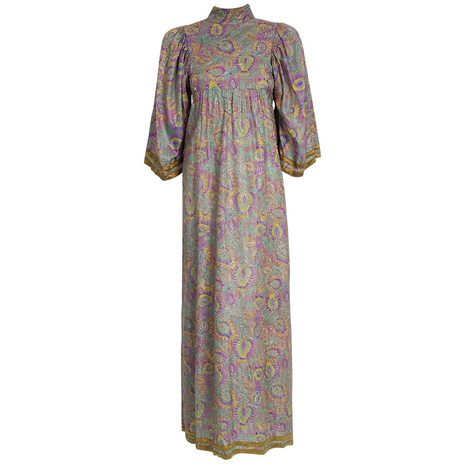 1970 Thea Porter Couture Metallic Embroidered Floral Silk Flutter-Sleeve Dress
