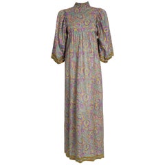 Vintage 1970 Thea Porter Couture Metallic Embroidered Floral Silk Flutter-Sleeve Dress