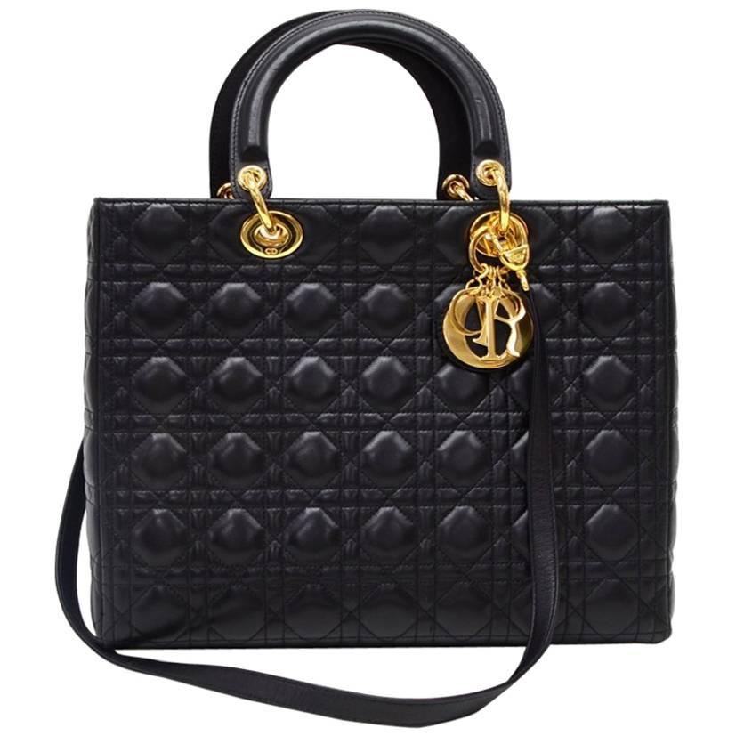 Christian Dior Lady Dior 12.5 inch Black Quilted Cannage Leather Shoulder Bag