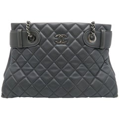 Chanel Grey Quilting Calfskin Leather Silver Metal Chain Shoulder Bag
