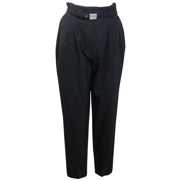 Chanel Black Wool Carrot Belted Pants  For Sale
