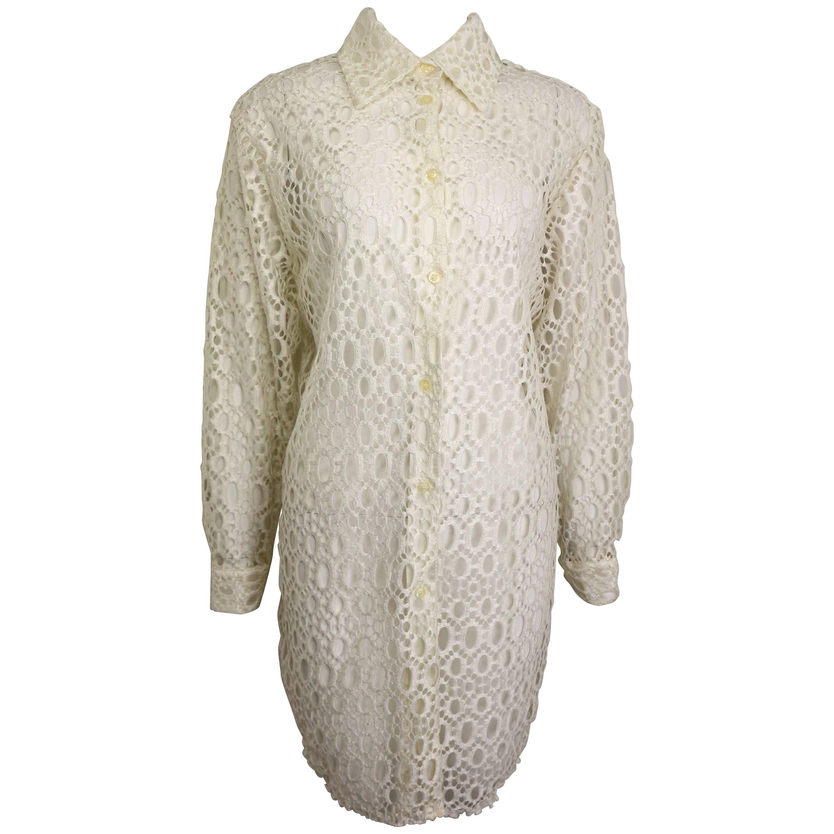 Jeff Gallano White Lace Oblong Pattern Long Collar Shirt  For Sale