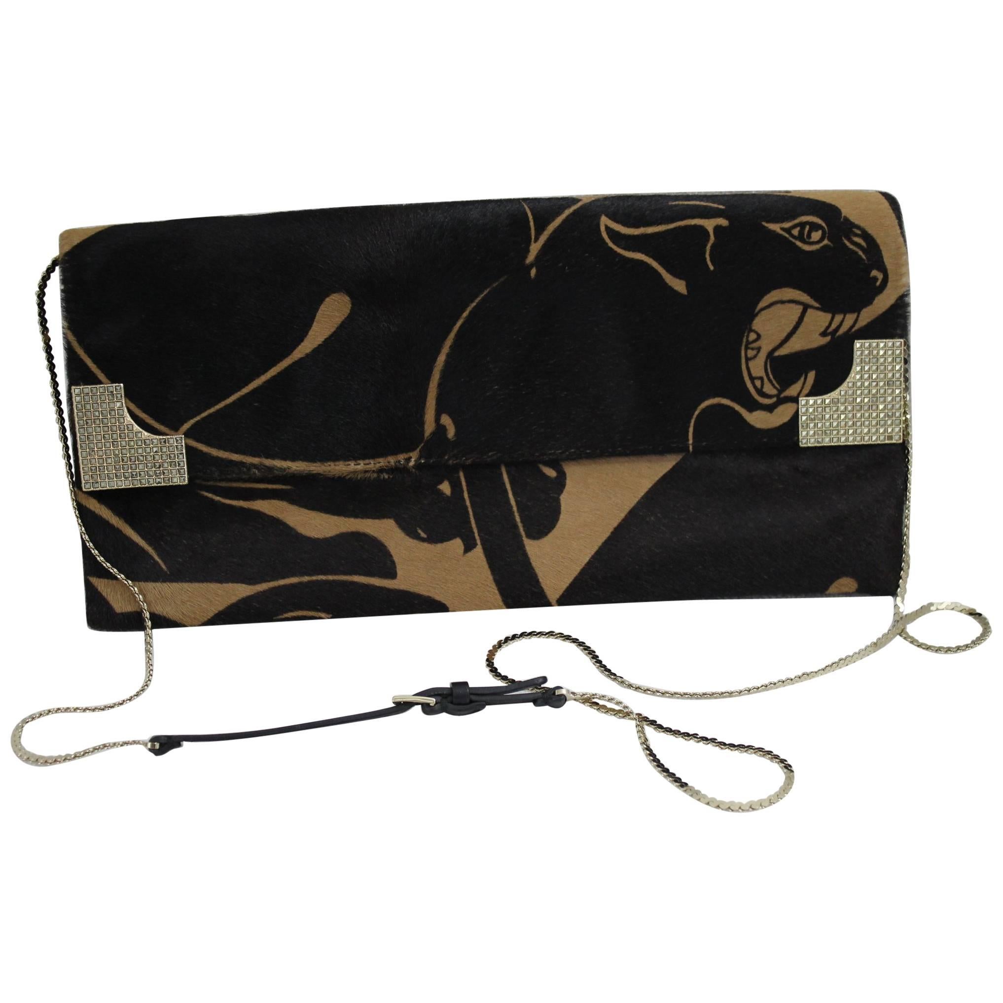 Panthere Valentino Clutch with shoulder strap in Calkskin Poney Style Leathe For Sale