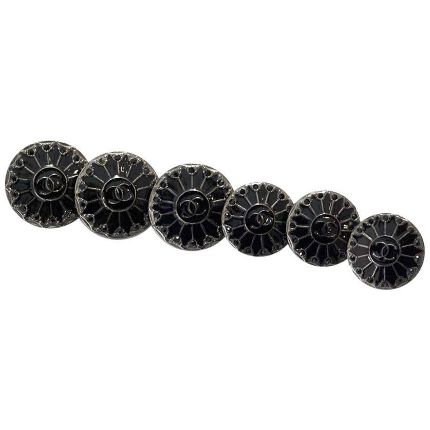 Chanel Black Enamel & Crystal Set of Six Buttons 16mm/19mm