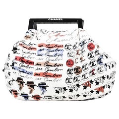 Chanel Cream Multicolor Velvet Script Logo Print Frame Handle Hobo Bag 12