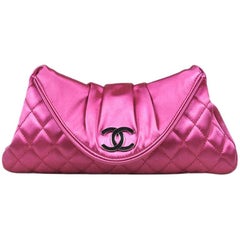 Chanel Fuchsia Pink Satin Quilted Flap Envelope Clutch Bag