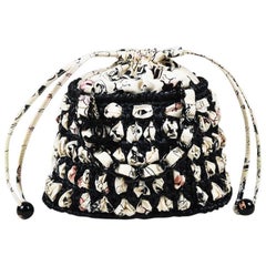 Chanel Cream Black Canvas Basketweave Printed Drawstring Bucket Bag