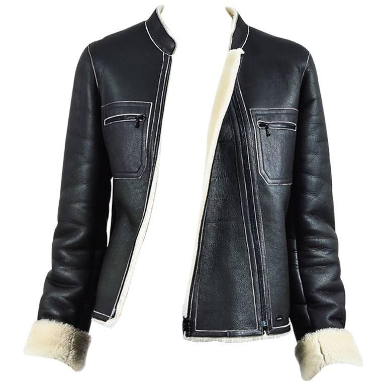 Chanel 04A Black Shearling Leather Fur Double Zip Moto Jacket SZ 40 For Sale