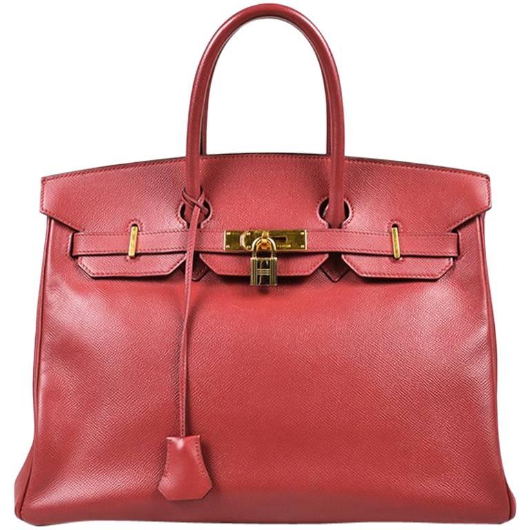 Vintage Hermes Rouge Vif Red Courchevel Leather "Birkin 35" Satchel Bag For Sale