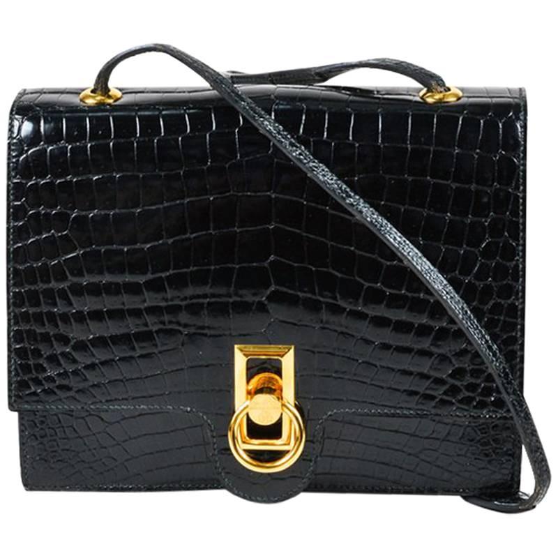 Vintage Hermes Black Genuine Crocodile Gold Tone Lock Front Flap Shoulder Bag For Sale