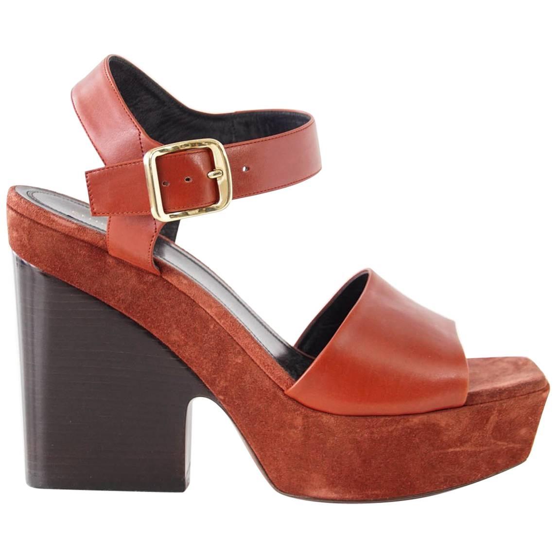 Celine Shoe Leather with Suede Platform Shaped Wood Stacked Heel 39.5 / 9.5 