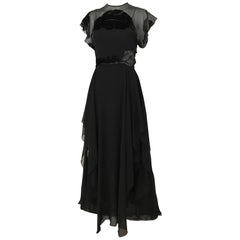 1970s Black Silk Chiffon Velvet Devore Overlay 70s Vintage Dress