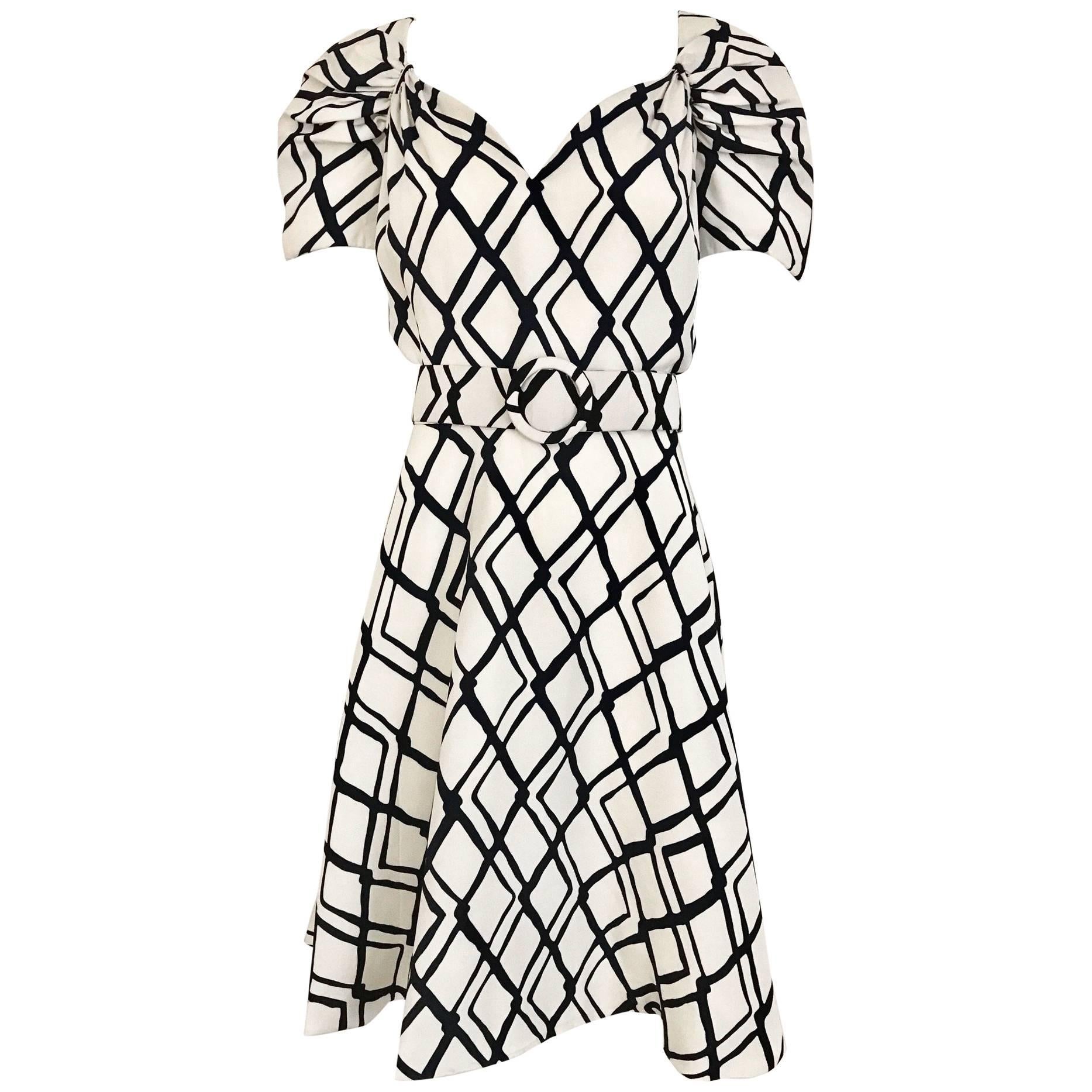 1990s SCAASI Black and Creme Checkered Print Cocktail Dress