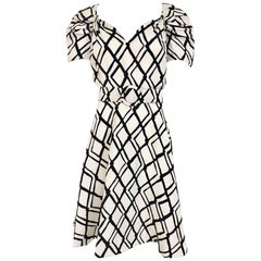 Retro 1990s SCAASI Black and Creme Checkered Print Cocktail Dress