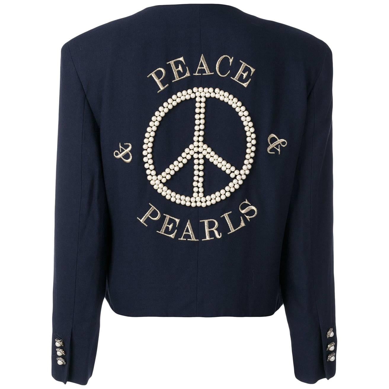 1989 MOSCHINO Couture vintage Peace & Pearls embroidered jacket For Sale