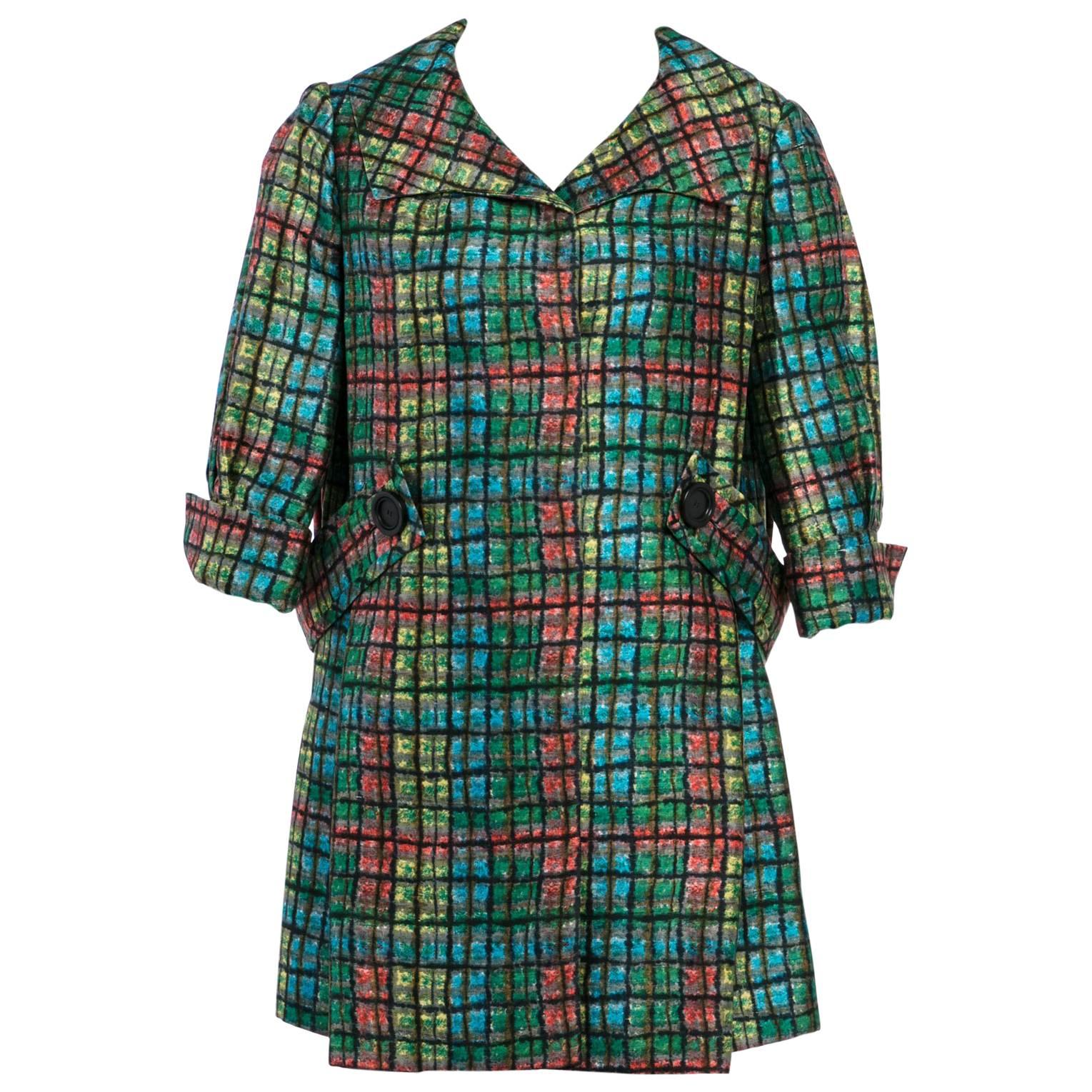 James Galanos Couture Emerald Colorful Print Side Pleat Coat, 1970s  For Sale