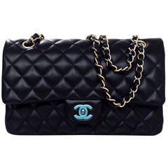Chanel NEW Navy Quilted Lambskin Leather Medium Classic 10" Double Flap Bag