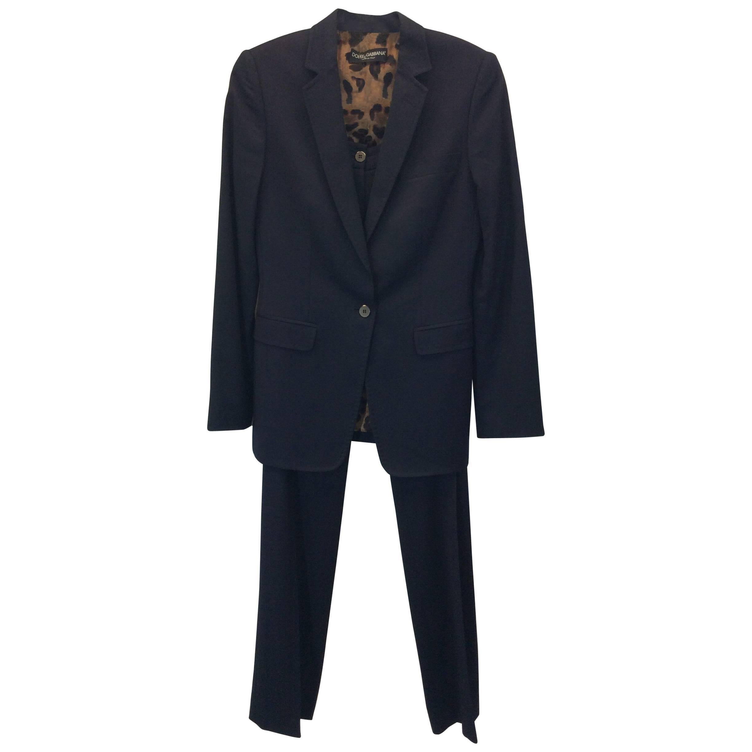 Dolce & Gabbana Navy Pantsuit with One Button Blazer For Sale