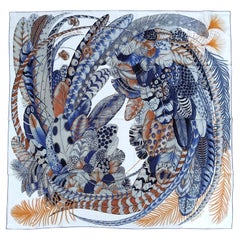Hermès Plumes en Fete Cashmere Silk Shawl Scarf Feathers White Blue Gold