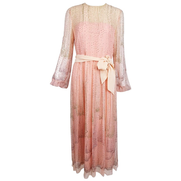Rare 1970s Bill Gibb Deep Pink Ombre Hand Dyed Silk Chiffon Dress w Fused Glitter Detailing