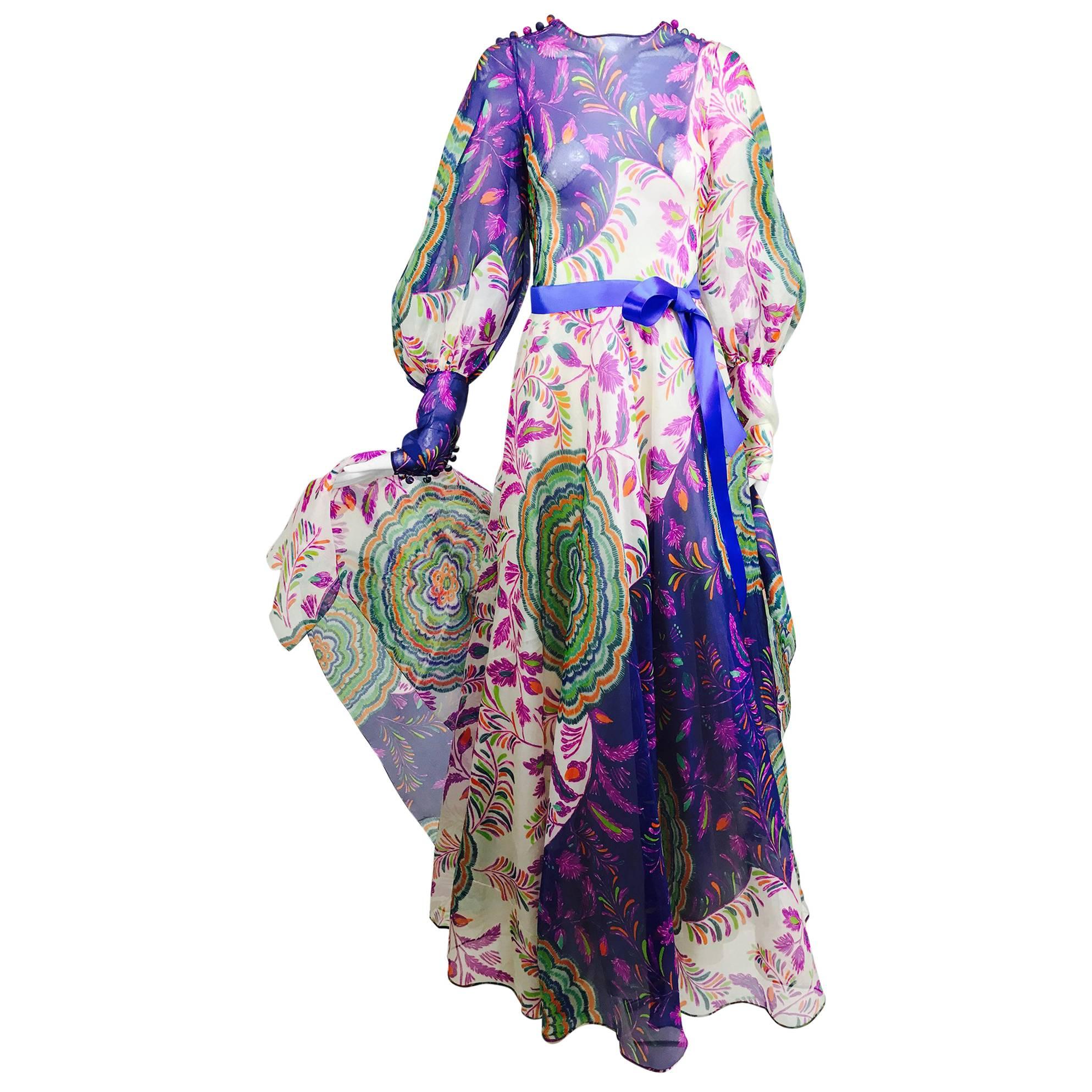 Vintage Lanvin fantasy floral print silk organza maxi dress 1970s 