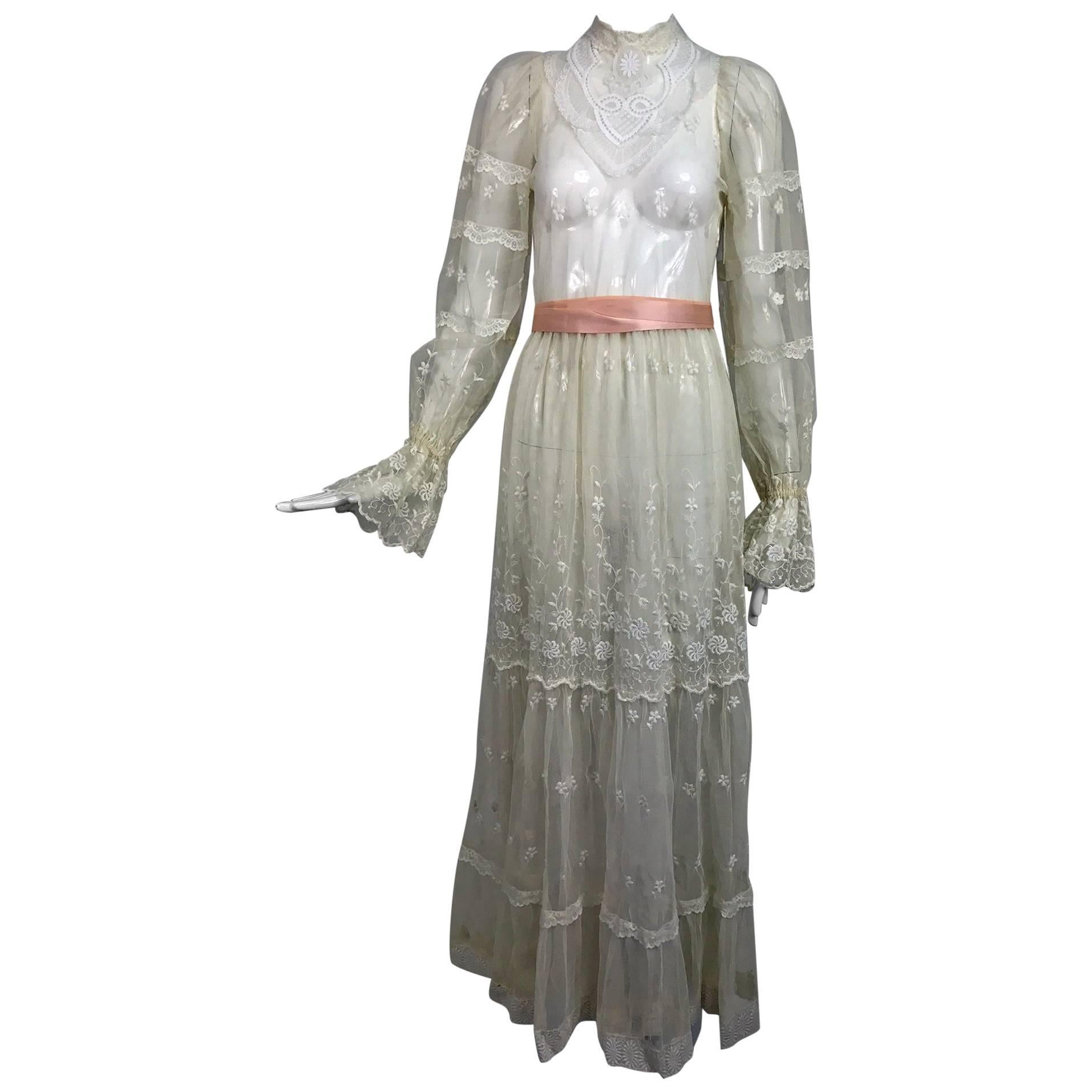 Vintage Victorian style ivory lace and tulle maxi dress 1970s wedding